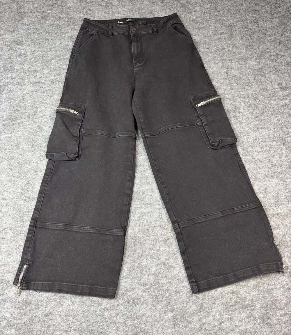 American Bazi Cargo Pants Size L Black Wide Leg Denim Jeans Zip Pockets